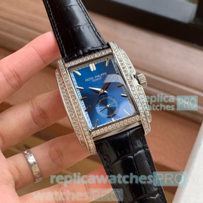 Knockoff Patek Philippe Gondolo Diamond Watch SS Black Leather Strap